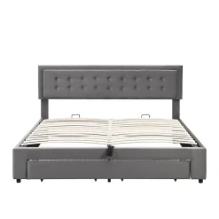 Lit adulte lit coffre lit 160x200 cm lit de rangement lit rembourré hydraulique lit 2 tiroirs lit double velours gris