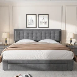 Lit adulte lit coffre lit 160x200 cm lit de rangement lit rembourré hydraulique lit 2 tiroirs lit double velours gris