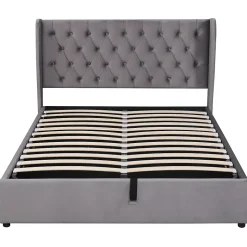 Lit adulte lit coffre lit 140x200 cm lit de rangement lit rembourré hydraulique lit en métal lit double velours gris