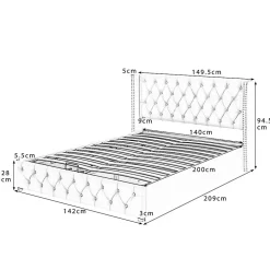 Lit adulte lit coffre lit rembourré hydraulique lit de rangement lit 140x200 cm lit en métal lit double velours beige