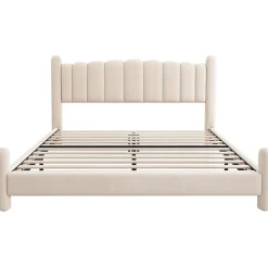 Lit adulte lit rembourré lit 180x200cm lit cadre à lattes en bois lit pieds de support cylindriques velours beige
