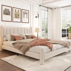 Lit adulte lit rembourré lit 180x200cm lit cadre à lattes en bois lit pieds de support cylindriques velours beige