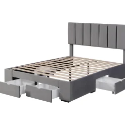 Lit adulte lit rembourré 140x200 cm, avec dossier,sommier à lattes et 4 tiroirs, velours, gris