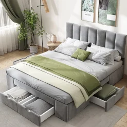 Lit adulte lit rembourré 140x200 cm, avec dossier,sommier à lattes et 4 tiroirs, velours, gris