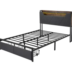 Lit adulte lit 140x200 cm avec cadre métallique lit rembourré avec éclairage led et tiroirs lit double lin gris