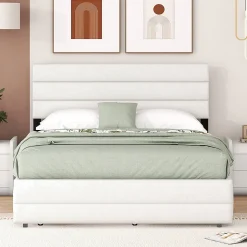 Lit adulte lit 140x200 cm avec brocheuse et deux tiroirs lit double lin beige