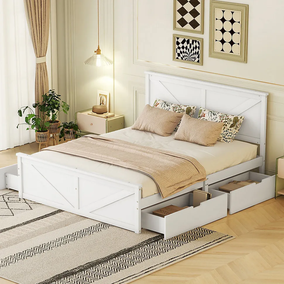 Lit adulte lit 160x200 cm avec 4 tiroirs Single pin blanc