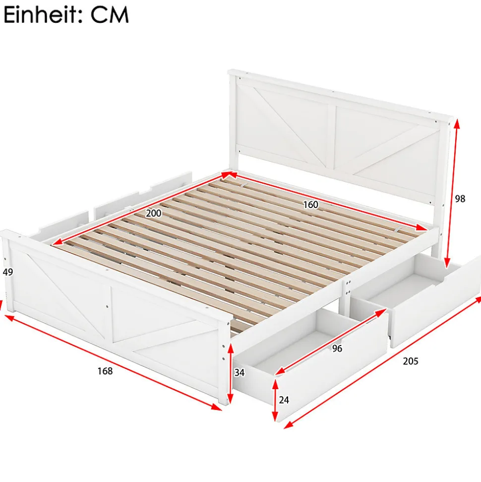 Lit adulte lit 160x200 cm avec 4 tiroirs Single pin blanc