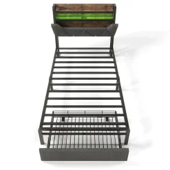 Lit adulte lit 90x200 cm avec cadre métallique lit rembourré avec éclairage led et tiroirs Single lin gris