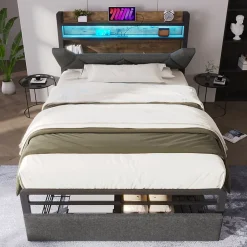 Lit adulte lit 90x200 cm avec cadre métallique lit rembourré avec éclairage led et tiroirs Single lin gris