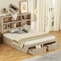 Lit adulte lit 160x200 cm avec deux tiroirs avec rangement tête de lit lit double panneau de particules Neutral