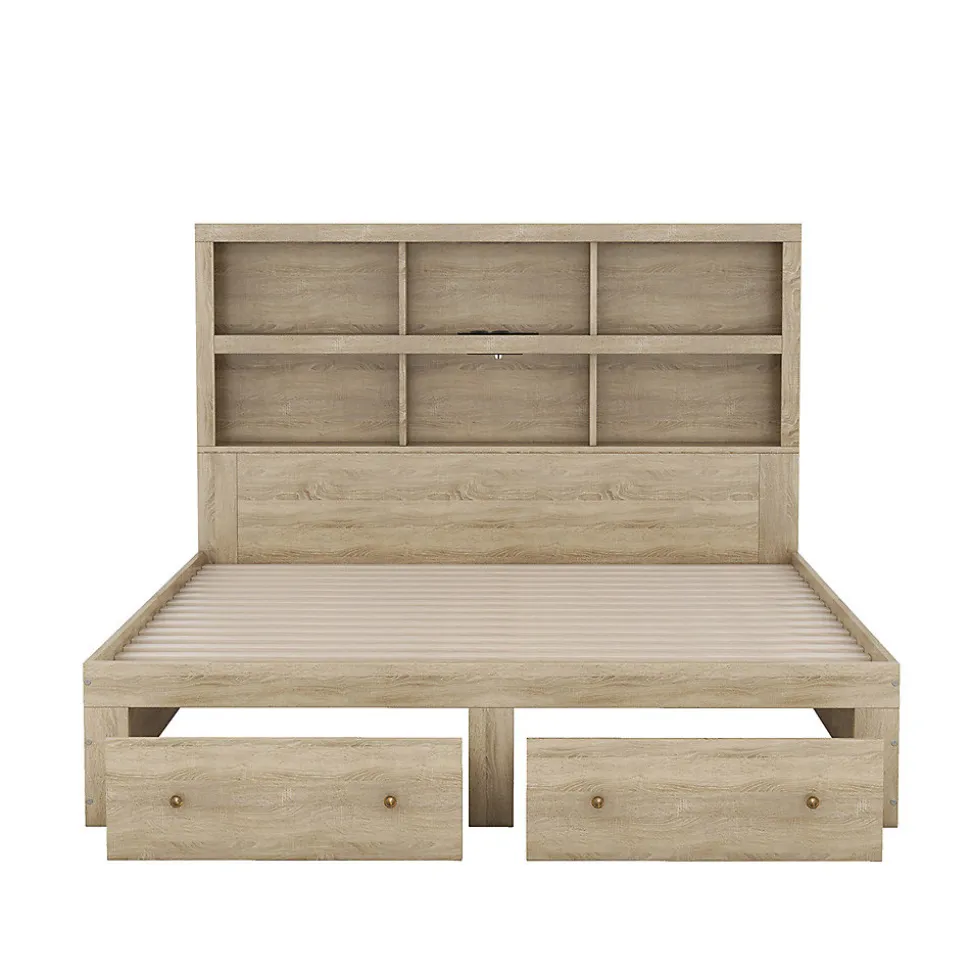 Lit adulte lit 160x200 cm avec deux tiroirs avec rangement tête de lit lit double panneau de particules Neutral