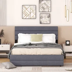 Lit adulte lit 140x200 cm avec brocheuse et deux tiroirs lit double lin gris