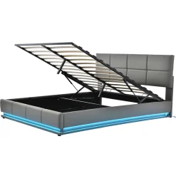 Lit adulte lit 160x200 cm lit led rembourré hydraulique lit de rangement lit double cuir synthétique gris