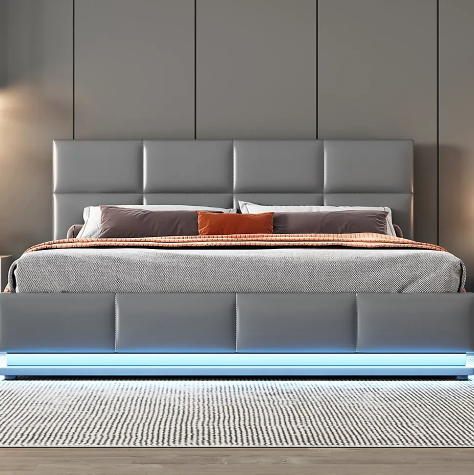 Lit adulte lit 160x200 cm lit led rembourré hydraulique lit de rangement lit double cuir synthétique gris