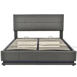 Lit adulte lit 160x200 cm lit led rembourré hydraulique lit de rangement lit double cuir synthétique gris