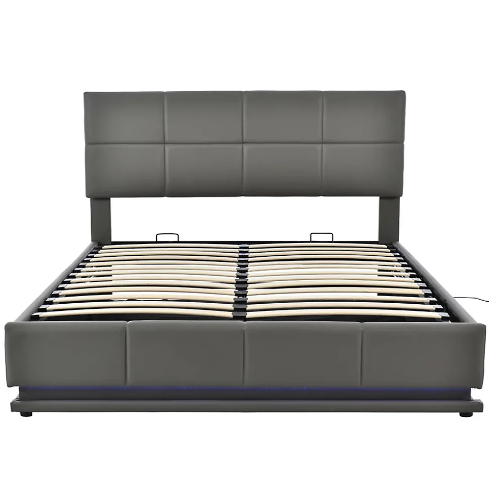 Lit adulte lit 160x200 cm lit led rembourré hydraulique lit de rangement lit double cuir synthétique gris