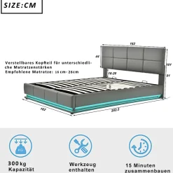 Lit adulte lit 160x200 cm lit led rembourré hydraulique lit de rangement lit double cuir synthétique gris