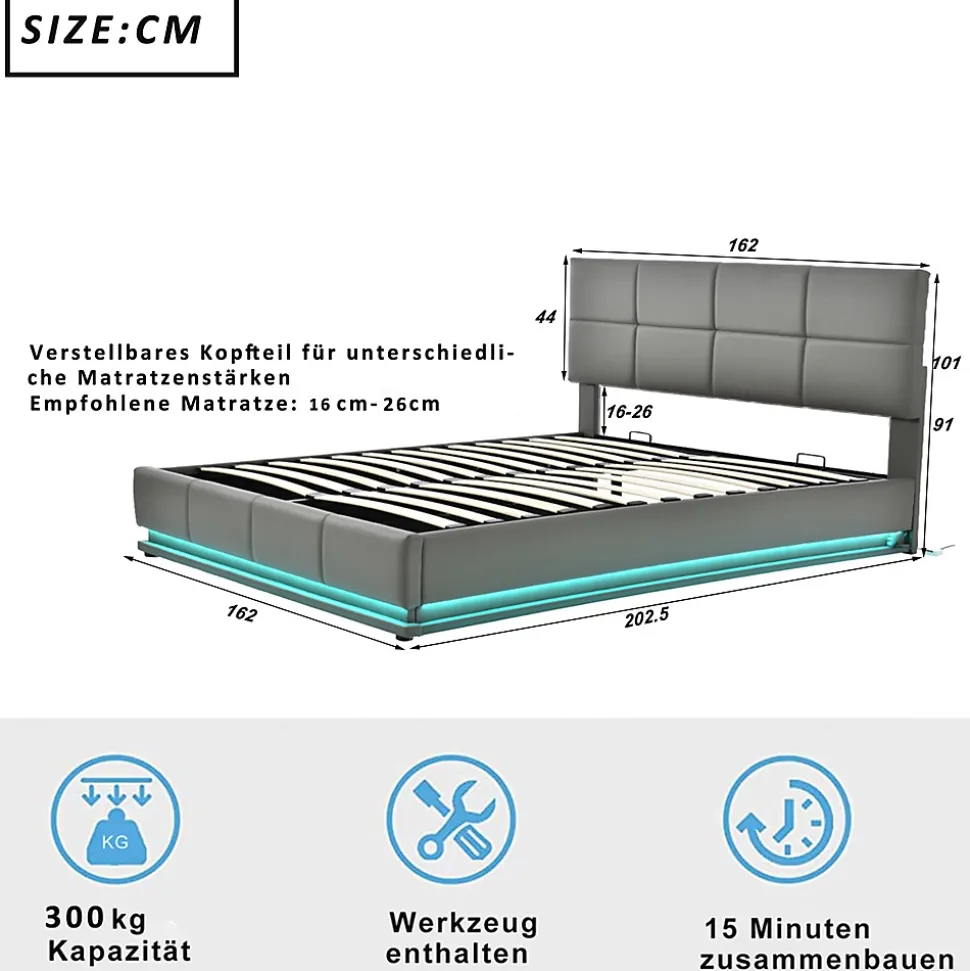 Lit adulte lit 160x200 cm lit led rembourré hydraulique lit de rangement lit double cuir synthétique gris