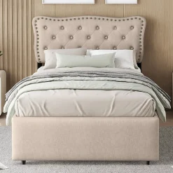 Lit adulte lit 90x200 cm lit plat lit rembourré Single tiroirs doubles lin beige foncé