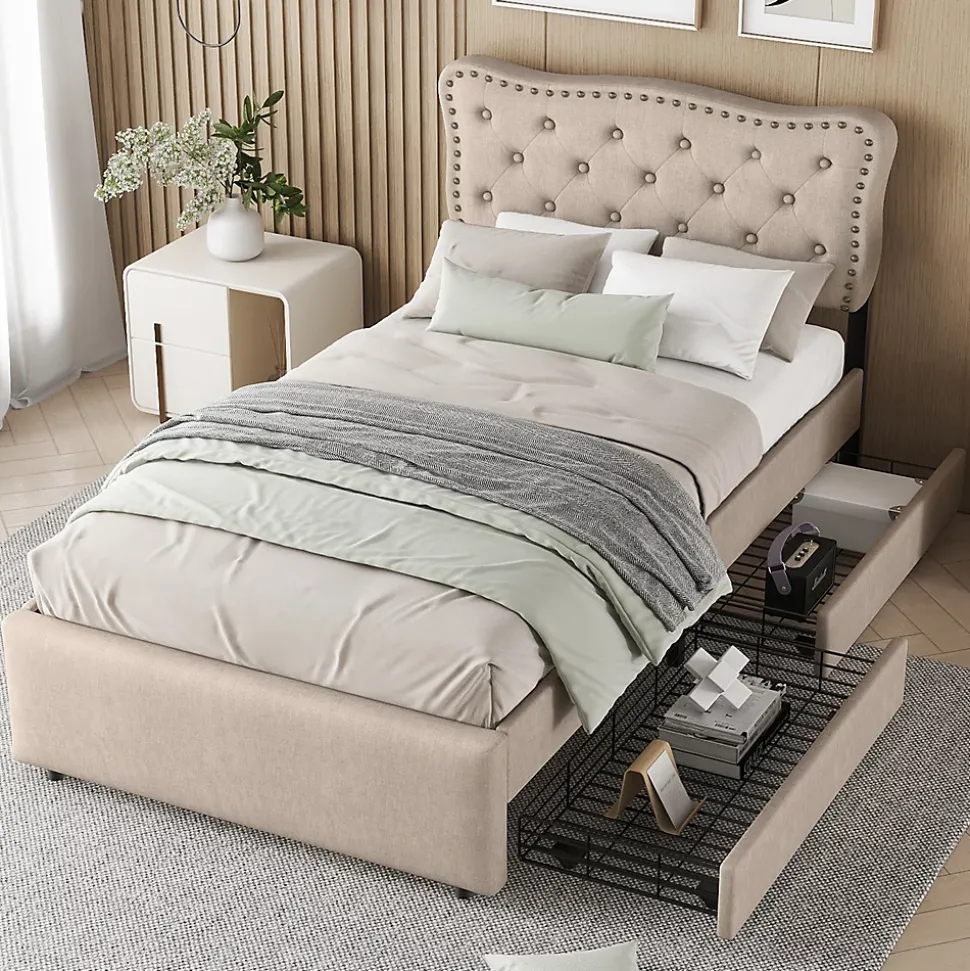 Lit adulte lit 90x200 cm lit plat lit rembourré Single tiroirs doubles lin beige foncé