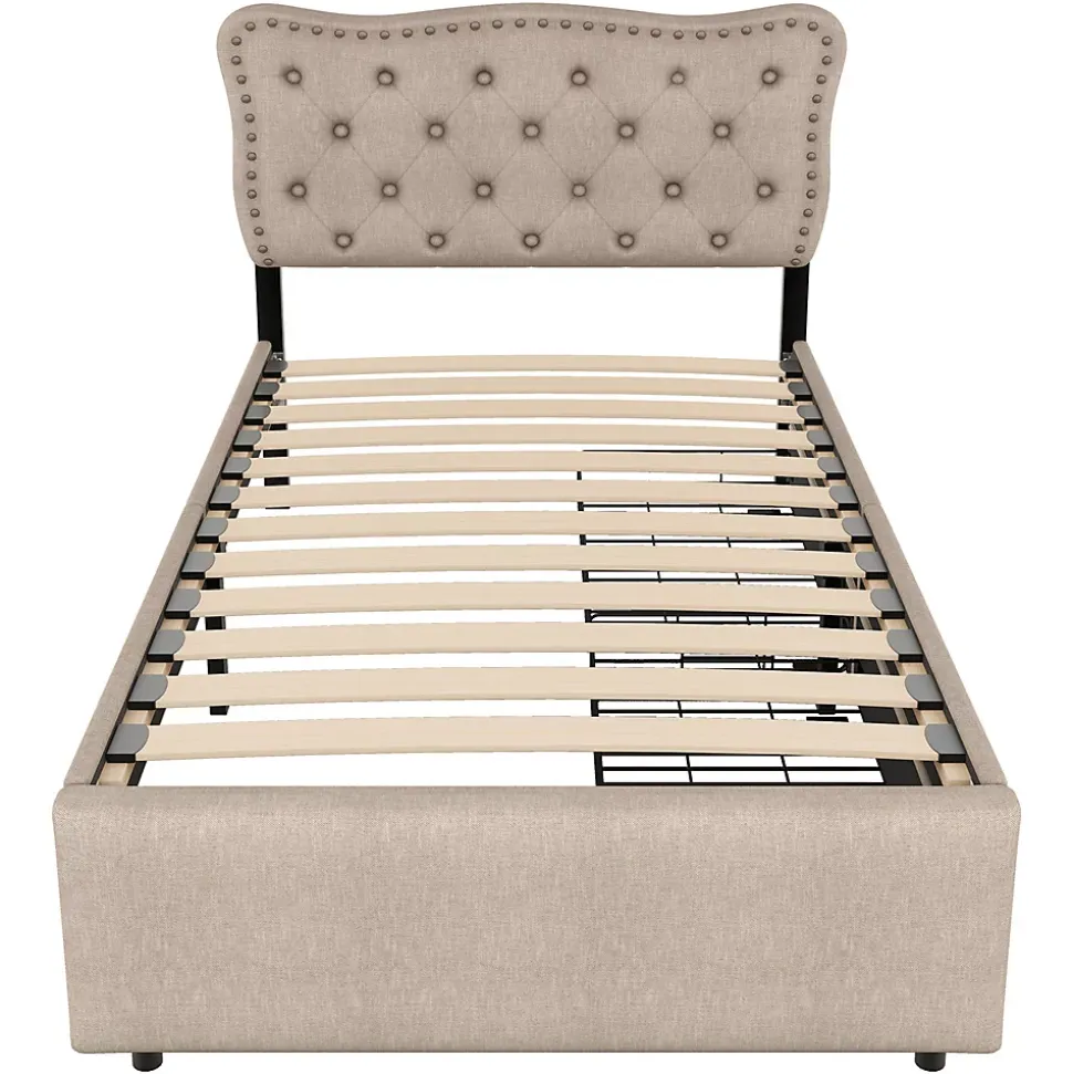 Lit adulte lit 90x200 cm lit plat lit rembourré Single tiroirs doubles lin beige foncé