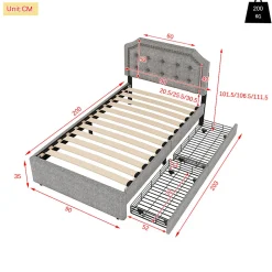 Lit adulte lit 90x200 cm lit plat lit rembourré lit 2 tiroirs Single gris