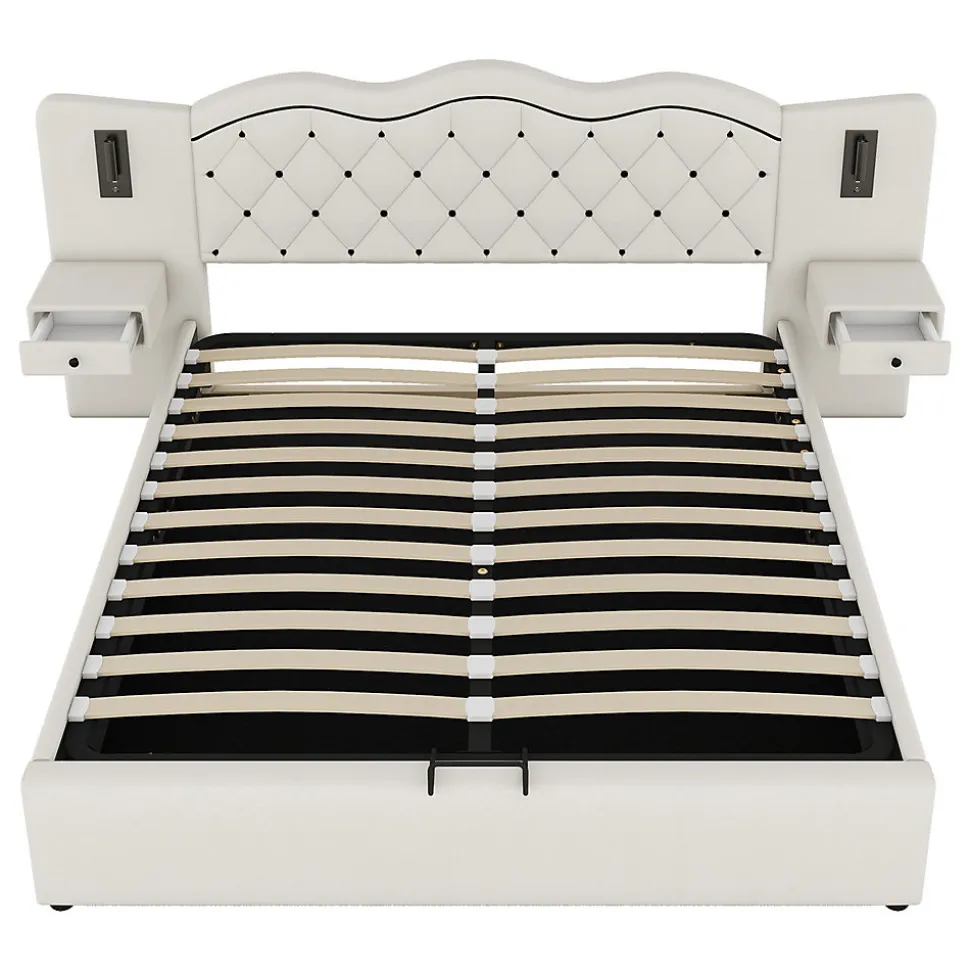 Lit adulte lit 180x200 cm lit rembourré hydraulique avec deux lampes de chevet lit double lin beige