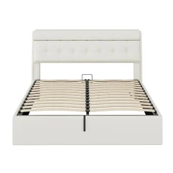 Lit adulte lit 160x200 cm lit rembourré hydraulique lit double avec sommier à lattes pu blanc crème