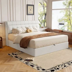 Lit adulte lit 160x200 cm lit rembourré hydraulique lit double avec sommier à lattes pu blanc crème