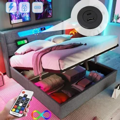 Lit adulte lit 140x200 cm lit rembourré lit de rangement lit sommier à lattes en bois lit double lin gris