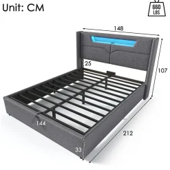 Lit adulte lit 140x200 cm lit rembourré lit de rangement lit sommier à lattes en bois lit double lin gris