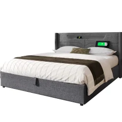 Lit adulte lit 140x200 cm lit rembourré lit de rangement lit sommier à lattes en bois lit double lin gris