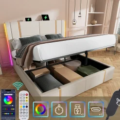 Lit adulte lit 140x200 cm lit rembourré lit de rangement lit sommier à lattes en bois lit double lin beige