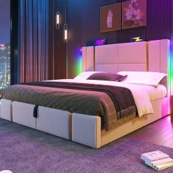 Lit adulte lit 140x200 cm lit rembourré lit de rangement lit sommier à lattes en bois lit double lin beige