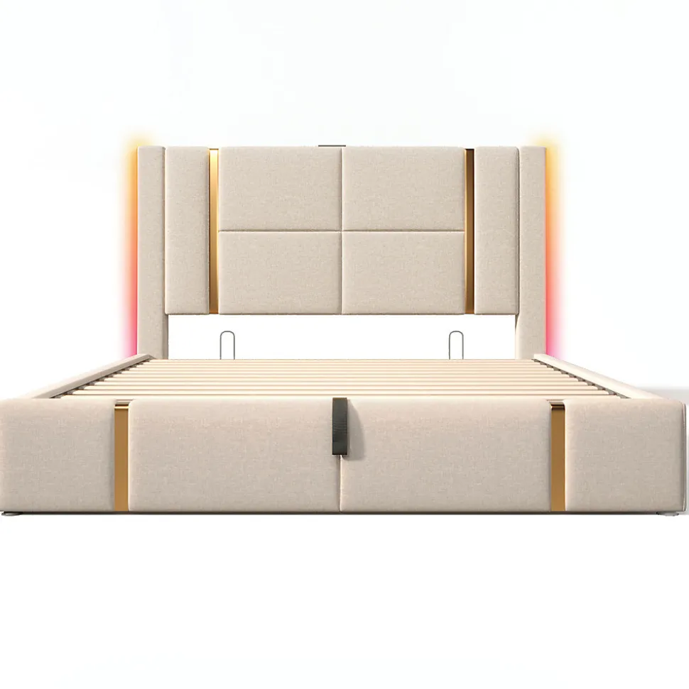 Lit adulte lit 140x200 cm lit rembourré lit de rangement lit sommier à lattes en bois lit double lin beige