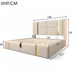Lit adulte lit 140x200 cm lit rembourré lit de rangement lit sommier à lattes en bois lit double lin beige