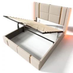 Lit adulte lit 140x200 cm lit rembourré lit de rangement lit sommier à lattes en bois lit double lin beige