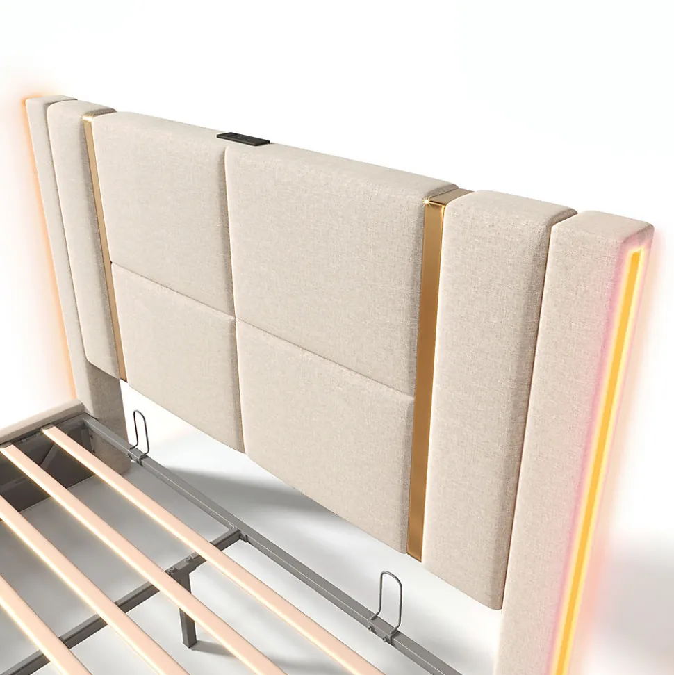 Lit adulte lit 140x200 cm lit rembourré lit de rangement lit sommier à lattes en bois lit double lin beige