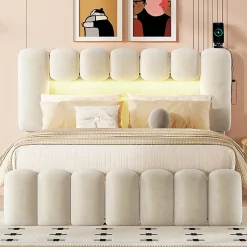 Lit adulte lit 140x200 cm lit rembourré avec barre lumineuse led lit 4 tiroirs avec usb et chaîne stéréo lit double velours beige