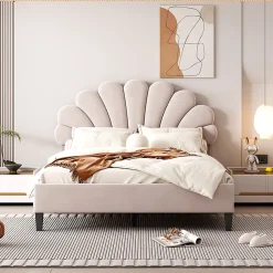 Lit adulte lit 140x200 cm lit rembourré lit cadre à lamelles lit double velours beige