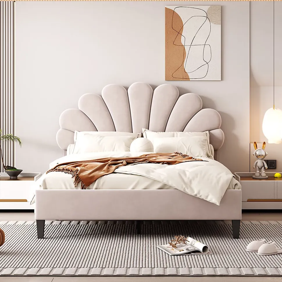 Lit adulte lit 140x200 cm lit rembourré lit cadre à lamelles lit double velours beige