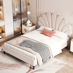 Lit adulte lit 140x200 cm lit rembourré lit cadre à lamelles lit double velours beige