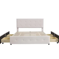 Lit adulte lit 140x200 cm lit rembourré avec tiroirs et sommier à lattes lit double velours beige