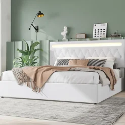 Lit adulte lit 180x200 cm lit rembourré hydraulique avec lumière ambiante lit double lin blanc