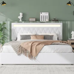 Lit adulte lit 180x200 cm lit rembourré hydraulique avec lumière ambiante lit double lin blanc