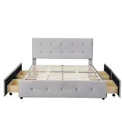 Lit adulte lit 140x200 cm lit rembourré avec tiroirs et sommier à lattes lit double velours gris