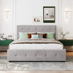 Lit adulte lit 140x200 cm lit rembourré avec tiroirs et sommier à lattes lit double velours gris