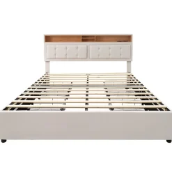 Lit adulte lit 140x200 cm lit rembourré avec quatre tiroirs avec sommier à lattes en bois lit double lin beige