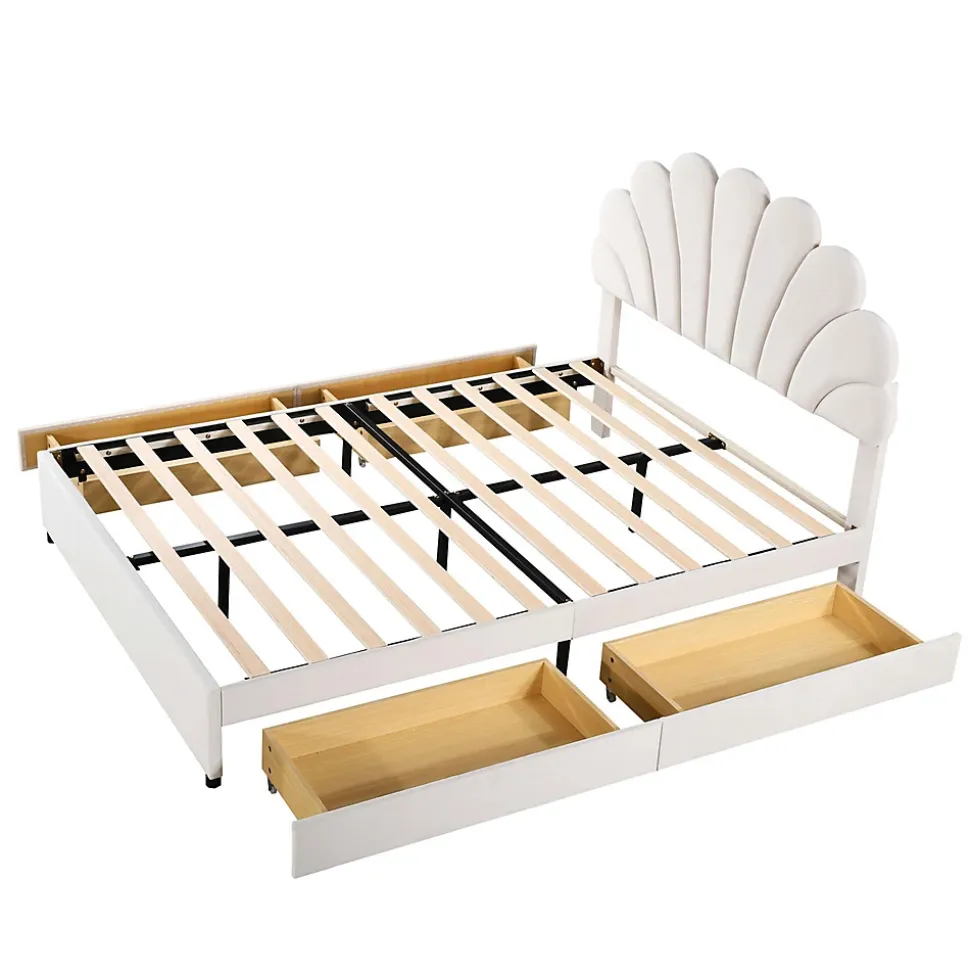 Lit adulte lit 140x200 cm lit rembourré lit cadre à lamelles lit 4 compartiments de rangement lit double velours beige